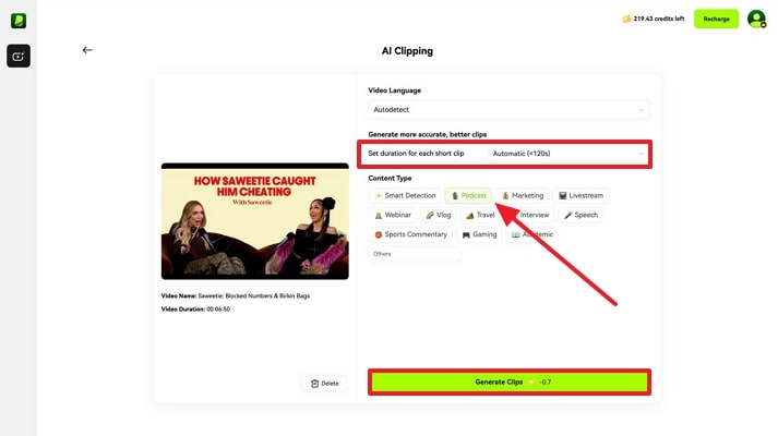 press generate clips after adjusting parameters