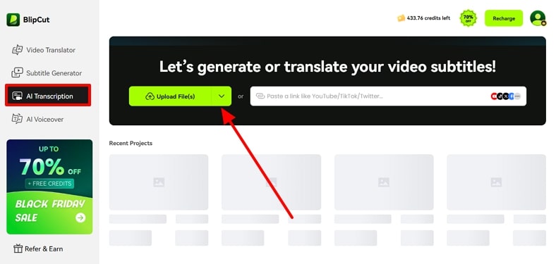 add podcast to transcribe blipcut