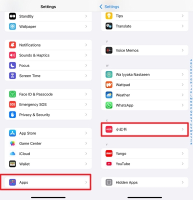 locate rednote app chinese in settings