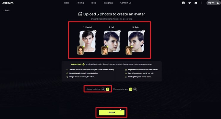 upload selfies and hit submit