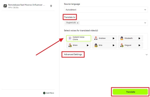 provide translation settings in blipcut