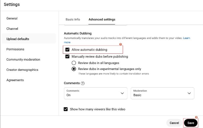 check allow automatic dubbing to enable youtube ai dubbing