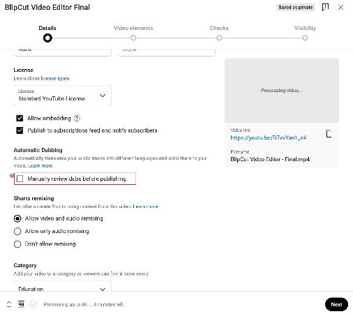 uncheck manually review dubs before publishing to activate non-ai dubbing