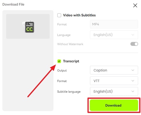 enable transcript and press download