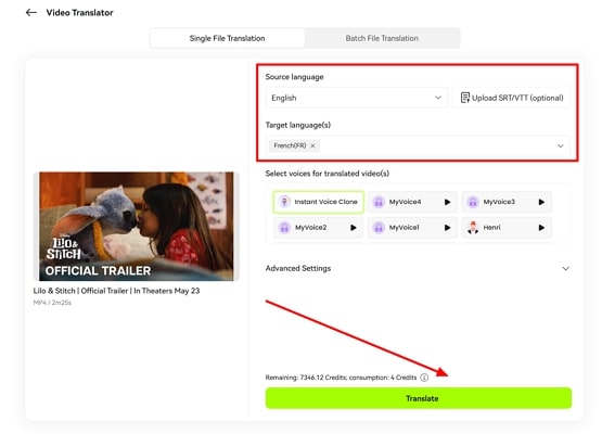 add video and choose translation settings
