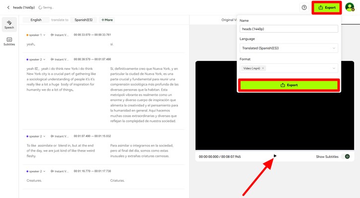 export video once translated