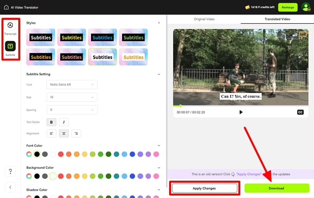 download after setting subtitles and transcript