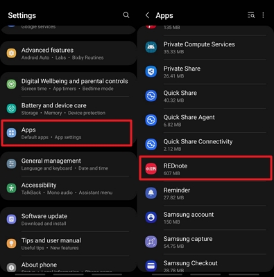 rednote app chinese in android settings