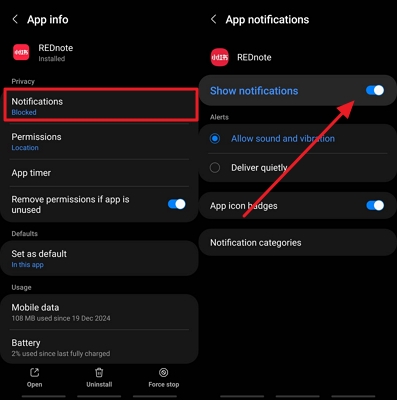 enable notifications of rednote in chinese