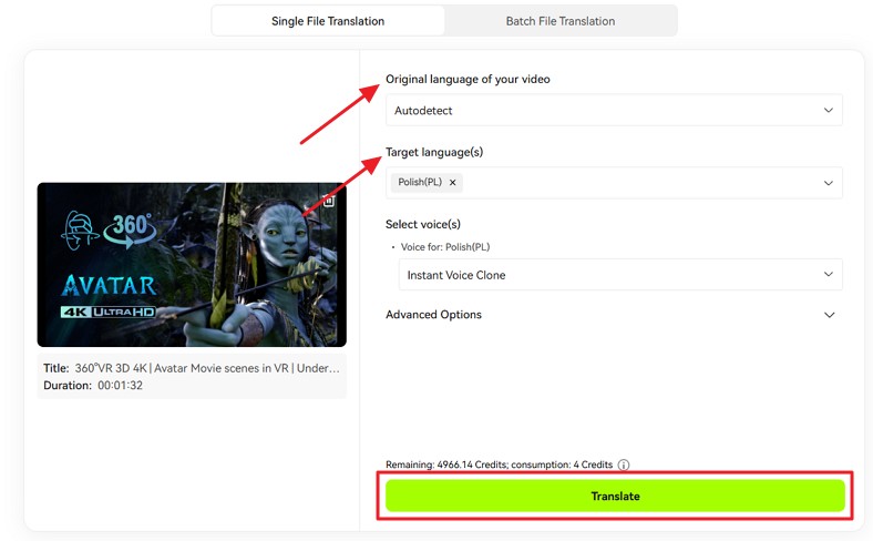 choose language and hit translate