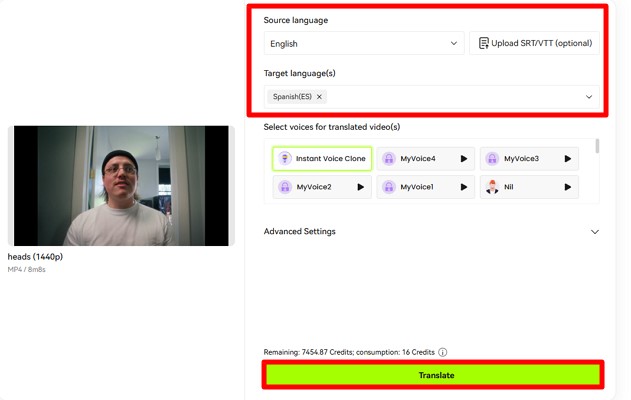 select languages and translate