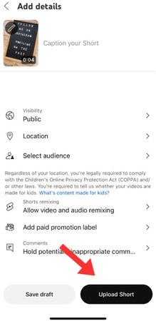 Upload YouTube Short on Mobile