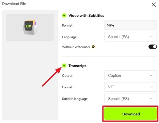 enable transcript to download subtitle file