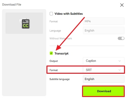 download transcript in srt format