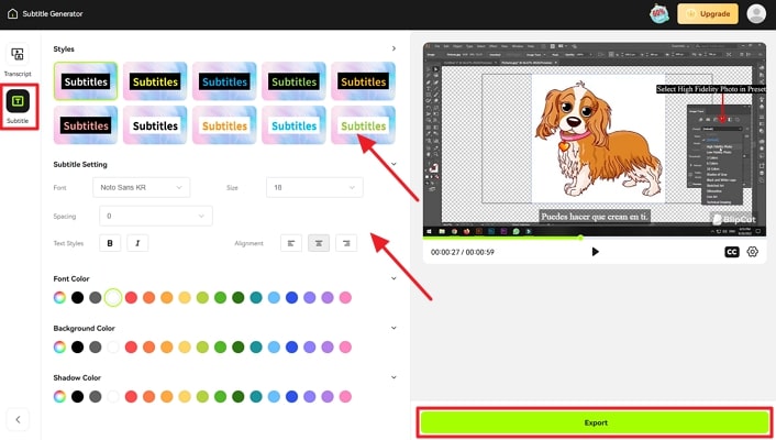 personalize subtitles and continue to export