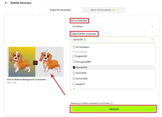 click generate after adjusting languages