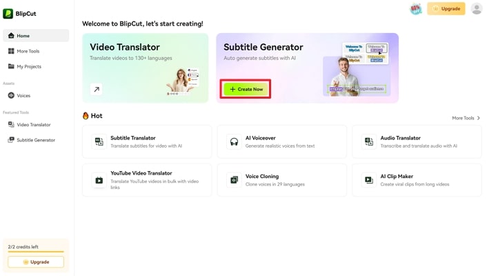 start subtitle generator on blipcut