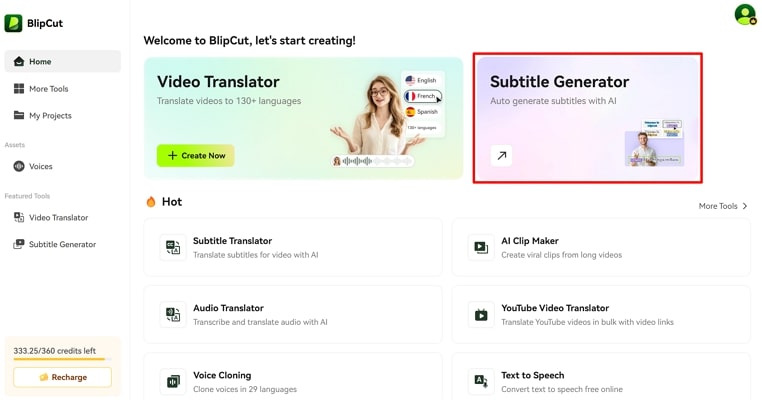 add file to blipcut subtitle generator