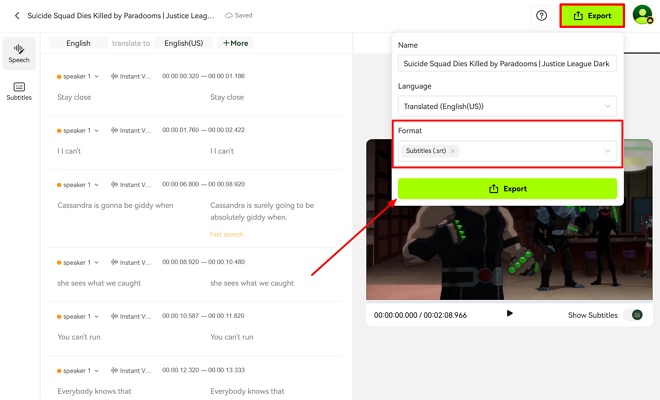 export file in srt format