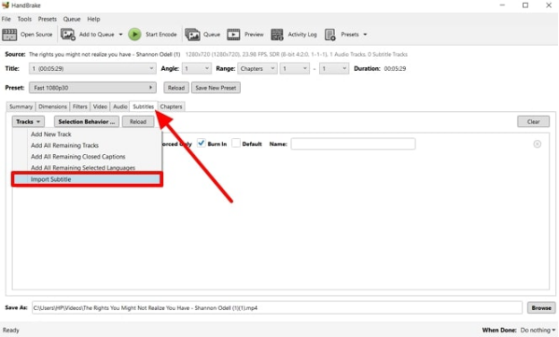 access handbrake to attach srt to mp4