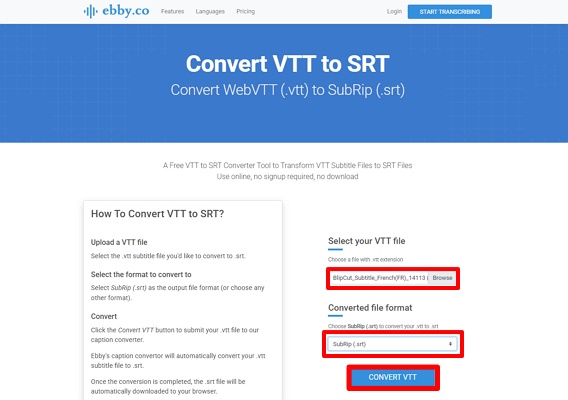 browse vtt to convert to srt