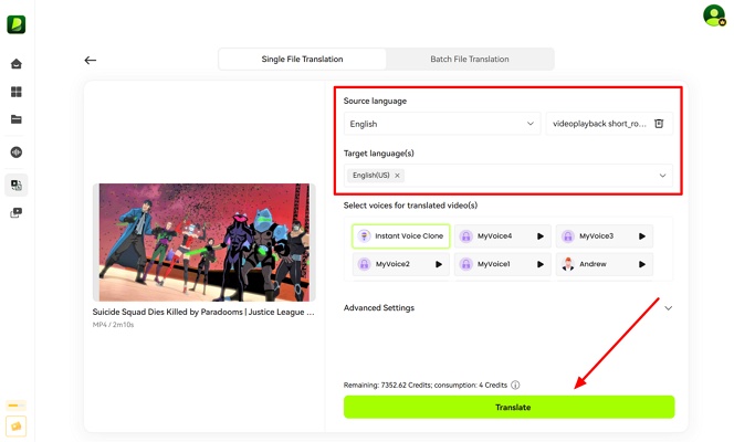 click on translate after setting languages
