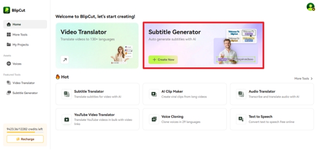 upload file to blipcut subtitles generator