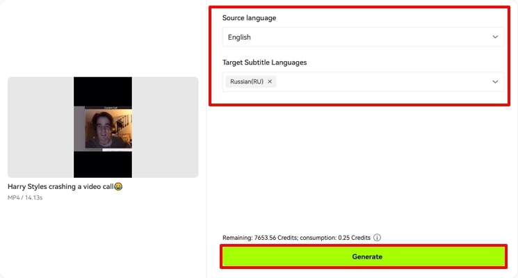 get desired language captions tapping generate