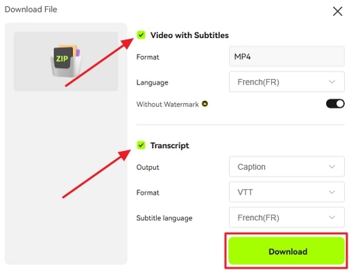 download after enabling subtitles and transcription
