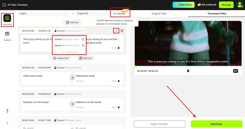 make edits in speaker and language