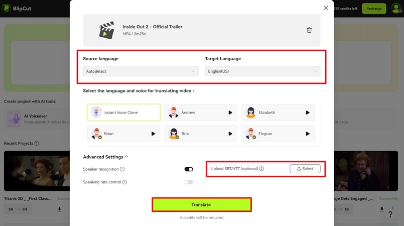 set parameters for subtitle translation