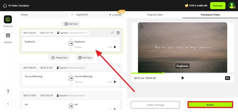 check captions and proceed to export