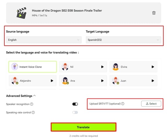  upload and define subtitling settings