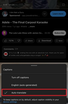 define captions outlook youtube app
