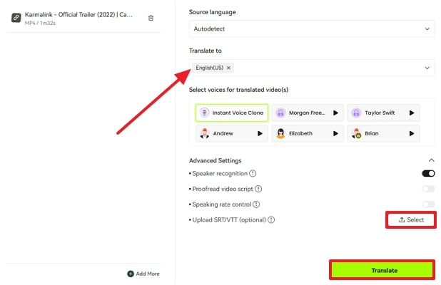 upload srt and translate in english