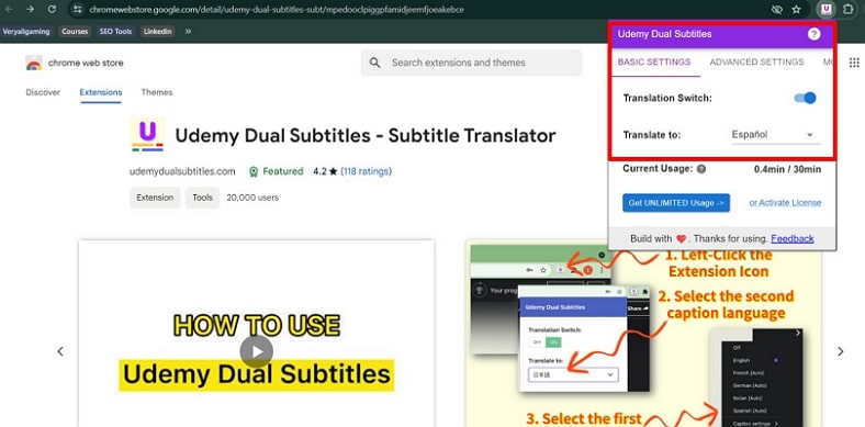 add dual subtitle translator udemy