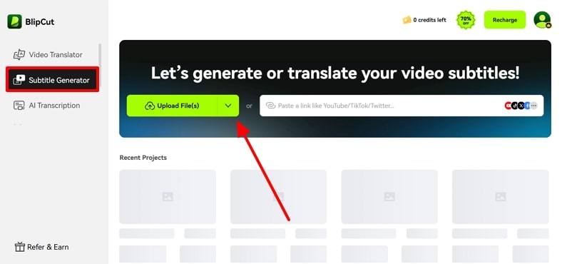upload file to blipcut subtitle generator
