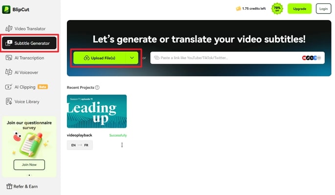 add file to blipcut udemy subtitle translator