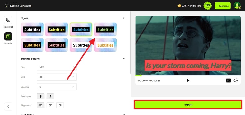 adjust blipcut subtitle settings