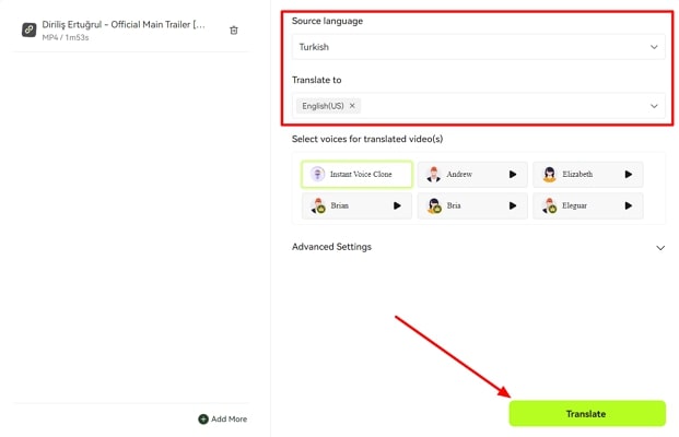 adjust languages and hit translate button