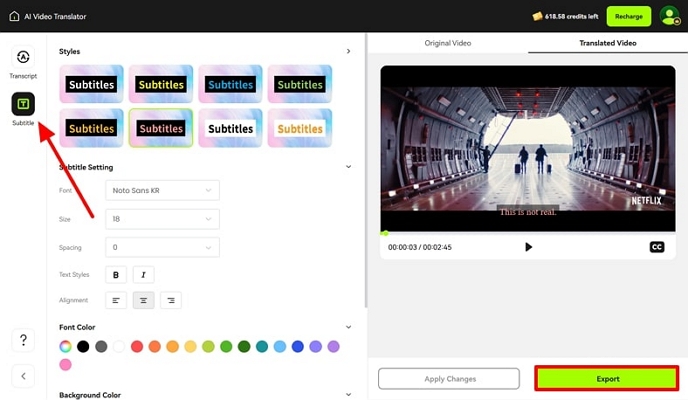 proceed to export after adjusting subtitles