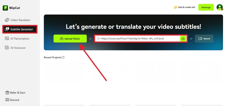 subir archivo en el generador de subtítulos de blipcut