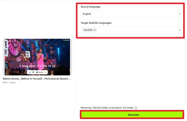 set tamil as target subtitle language