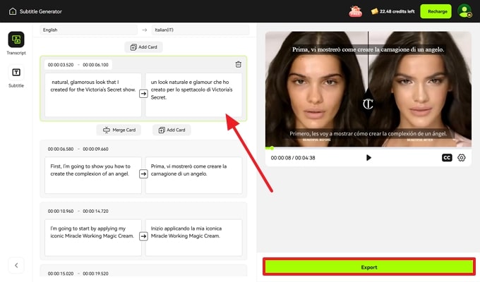 tap export if satisfied with subtitles