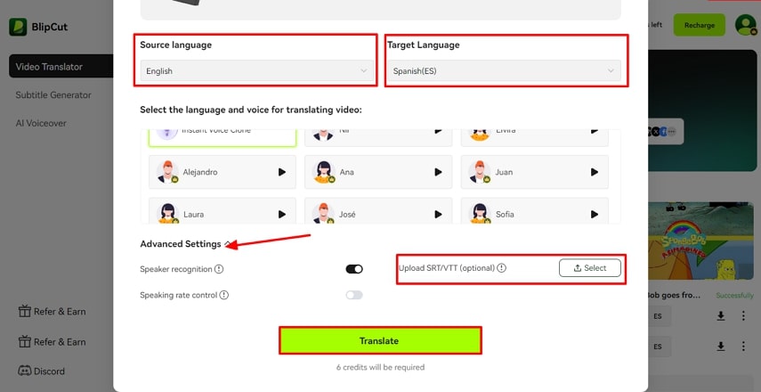 Proporcionar parámetros para la traducción blipcut