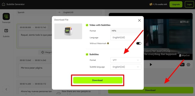 download generated subtitles blipcut