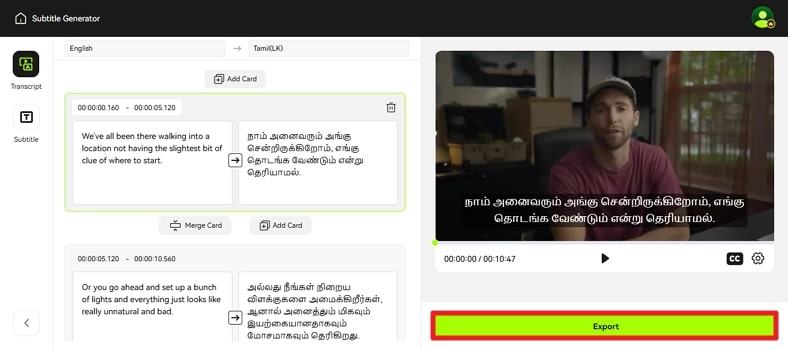 tap export to save tamil subtitles