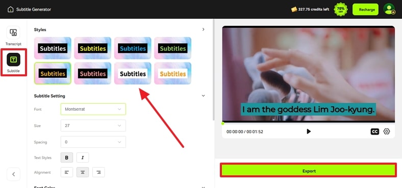 true beauty subtitle export button