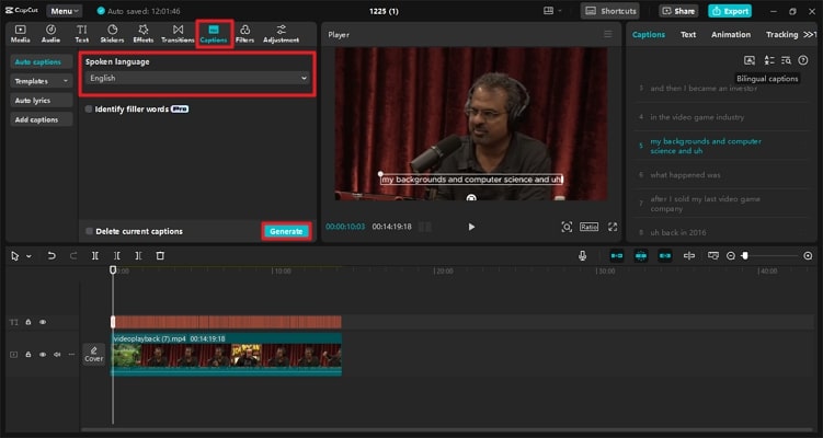 select spoken language to generate captions
