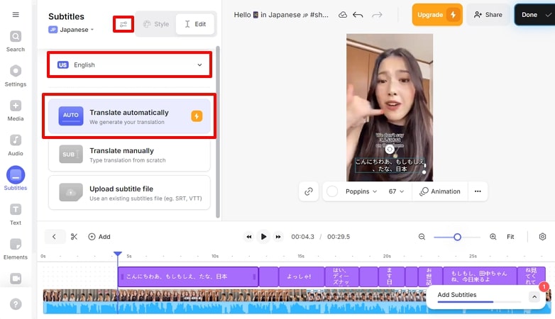 execute automatic translation of subtitles